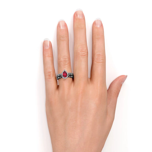 1.75 Carat Teardrop Vintage Simulated Ruby Trio Set in 18K Black Gold over Silver